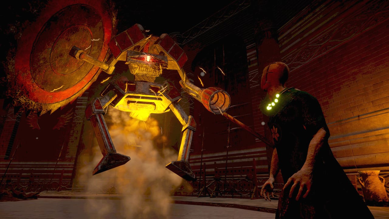 False Hero protagonist facing a glowing mechanical construct in a red stone hall